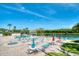 Community pool with lounge chairs, tables and umbrellas overlooking the lake at 10038 62Nd N Ter # 17, St Petersburg, FL 33708