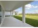 Covered patio overlooking the green lawn with a dark fence surrounding the property at 10320 Longmeadow Ave, Parrish, FL 34219