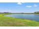 Expansive backyard with lake views, green grass and partial fencing in a residential area at 11508 Sage Canyon Dr, Riverview, FL 33578