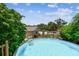 Backyard above-ground pool with crystal clear water, surrounded by mature trees at 11746 93Rd Ave, Seminole, FL 33772