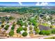 Aerial view of neighborhood featuring mature trees and tranquil pond at 12910 Leadwood Dr, Riverview, FL 33579
