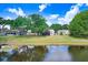 Backyard view showing the pond with mature trees and landscaping at 12910 Leadwood Dr, Riverview, FL 33579