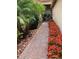 Charming brick pathway with lush ixora flowers leading to a welcoming front porch at 15860 Aurora Lake Cir, Wimauma, FL 33598