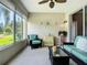 Cozy sunroom with a lake view, decorated with comfortable seating, and ceiling fan at 15860 Aurora Lake Cir, Wimauma, FL 33598