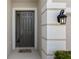 Stylish front door features sidelight window and elegant exterior lighting, enhancing curb appeal at 17668 Bright Wheat Dr, Lithia, FL 33547