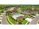 Aerial view of a community pool surrounded by green lawns and trees with chairs and a pool house at 26338 Whirlaway Ter, Wesley Chapel, FL 33544