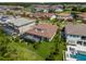 Aerial view displays this home with a screened lanai & pool, located near a pond, in a lovely neighborhood at 29118 Picana Ln, Wesley Chapel, FL 33543