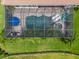 An aerial perspective of a caged pool and jacuzzi surrounded by lush greenery, great for outdoor relaxation at 29118 Picana Ln, Wesley Chapel, FL 33543
