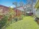 Well-maintained backyard featuring a lush green lawn, wooden privacy fence, and vibrant plants and shrubs at 2973 Spring Oak Ct, Palm Harbor, FL 34684