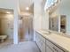 Large bathroom with lots of natural light, vanity with bright lighting, and glass shower at 2973 Spring Oak Ct, Palm Harbor, FL 34684