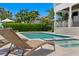 Backyard pool with sun loungers, steps to the house, and a lush tropical landscaping, perfect for relaxation at 5110 W Longfellow Ave, Tampa, FL 33629