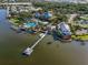 An aerial view showcases a community with a pool, clubhouse, boat docks, and beautiful waterfront at 610 Winterside Dr, Apollo Beach, FL 33572