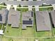 Drone perspective of houses in a residential area with landscaping and street view at 9293 Rally Spring Loop, Wesley Chapel, FL 33545