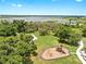Aerial view overlooking playground and lake area shows lush greenery with mature trees on a sunny day at 9293 Rally Spring Loop, Wesley Chapel, FL 33545