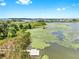 Picturesque lake view featuring a fishing dock surrounded by lush greenery in a vibrant residential community at 9293 Rally Spring Loop, Wesley Chapel, FL 33545