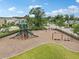 Aerial shot showcases a playground with modern equipment, play areas, and park amenities at 10233 Opaline Sky Pl, Riverview, FL 33578