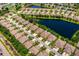 Aerial view showcasing a neighborhood with tan-roofed houses bordering a tranquil pond and verdant greenery at 11559 Captiva Kay Dr, Riverview, FL 33569