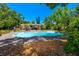 The in-ground pool features a large deck and is surrounded by mature trees and greenery at 1683 Pine St, Largo, FL 33774
