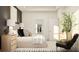 Comfortable bedroom with a tray ceiling, chair, decorative plant, and doorway leading to a closet at 18154 Serene Lake Loop, Lutz, FL 33548
