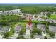 Aerial view showcasing a property with a screened pool and lake view, surrounded by lush greenery and neighboring homes at 8413 Swiss Chard Cir, Land O Lakes, FL 34637