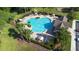 Aerial view of a community pool with palm trees, lounge chairs, and nearby parking at 12136 Luftburrow Ln, Hudson, FL 34669
