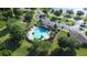 Aerial view of a community pool with palm trees, lounge chairs, and nearby parking at 12136 Luftburrow Ln, Hudson, FL 34669