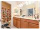 Bright bathroom features double sinks, wooden cabinets, large mirror and a cat themed shower curtain at 13803 Chalk Hill Pl, Riverview, FL 33579