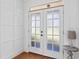 Entryway featuring frosted glass double doors and wainscoting at 37309 Fountain Rd, Zephyrhills, FL 33542