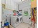 Bright laundry room with side-by-side washer and dryer, white cabinets, and backyard access at 37309 Fountain Rd, Zephyrhills, FL 33542