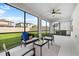 Inviting screened patio features comfortable seating, ceiling fan, and views of the lush backyard at 6563 Ryestone Way, Wesley Chapel, FL 33545