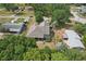 An aerial view focuses on the home's backyard and screened in patio area at 707 9Th Sw Ave, Ruskin, FL 33570