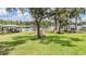 Lush backyard leading to a serene lake with multiple docks and boat slips at 707 Warren Rd, Lutz, FL 33548