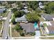 High-angle view of a home featuring a swimming pool, cozy backyard, and surrounding neighborhood at 829 Riverside Dr, Tarpon Springs, FL 34689