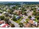 Aerial view highlighting the home, its well-manicured lawn, and the swimming pool in a green, tree-filled neighborhood at 1873 Murray Ave, Clearwater, FL 33755