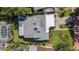 Aerial view of a home showcasing its roof, landscaping, backyard, and proximity to a pool at 2134 Serpentine S Cir, St Petersburg, FL 33712