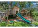 Backyard playground features a treehouse with a slide, swings, and a covered picnic area at 2403 W Sunset Dr, Tampa, FL 33629