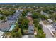 A neighborhood with mature trees and swimming pools featuring an aerial perspective highlighting a residential setting at 3404 W Leona St, Tampa, FL 33629