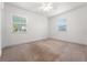 Well-lit bedroom features neutral carpet, ceiling fan, and bright windows with modern blinds at 3919 W Paxton Ave, Tampa, FL 33611