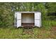 Empty metal storage shed with open doors sitting near trees and weeds at 6310 Gainsboro Ave, Spring Hill, FL 34609