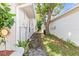 View of the narrow side yard, bordered by trees and landscaping at 10900 Livingston Dr, New Port Richey, FL 34654