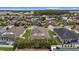 Aerial view showing homes in a residential neighborhood with mature trees and lush green lawns at 1767 Tonka Ter, Wesley Chapel, FL 33543