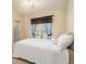 Cozy bedroom with a queen bed, soft lighting, and a window with blue curtains at 18967 Wood Sage Dr, Tampa, FL 33647