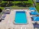Aerial view of a community pool surrounded by lounge chairs and blue umbrellas at 2131 Ridge S Rd # 3, Largo, FL 33778