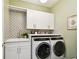 Well-organized laundry room with modern appliances, storage cabinets, and decorative backsplash at 32825 Sand Creek Dr, Wesley Chapel, FL 33543