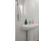A pedestal sink vanity sits below a round mirror with a window adding natural light at 3334 Pleasant Willow Ct, Brandon, FL 33511