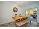 Cozy dining area featuring a rustic wooden table and charming views of the backyard at 420 Roanoke St, Dunedin, FL 34698