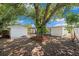 Expansive backyard featuring a large shade tree, shed, covered patio, and landscaping at 4812 El Capistrano Dr, Tampa, FL 33634