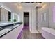 Modern bathroom with double vanity, walk-in shower, and luxurious soaking tub, enhanced with violet LED lighting at 6532 Simone Shores Cir, Apollo Beach, FL 33572