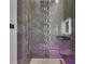 Elegant walk-in shower featuring gray marble tiling and glass enclosure with LED lighting at 6532 Simone Shores Cir, Apollo Beach, FL 33572