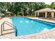 Community pool with ample seating, cabana, and clear blue water for relaxing and enjoying the outdoors at 8568 Sandy Beach St, Tampa, FL 33634